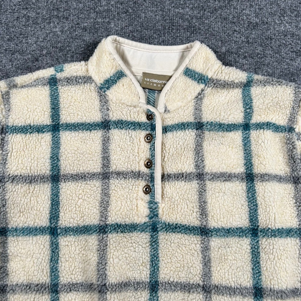 Liz Claiborne Fleece Pullover Womens Size M Ivory Blue Grid Sherpa USA Made